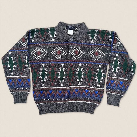 Other Other - Vintage 90s Italian Diamond Pattern‎ Grandpa Sweater Wool Blend - Size Medium